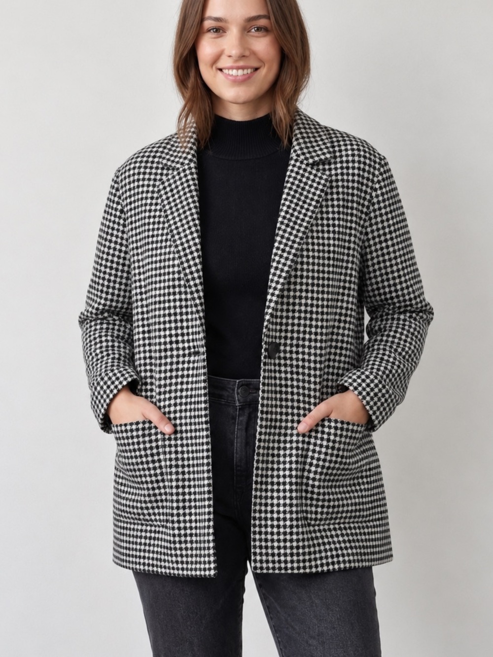 Sanctuary Black White Houndstooth Blazer XL Stretch Knit Open Front Career Jacke